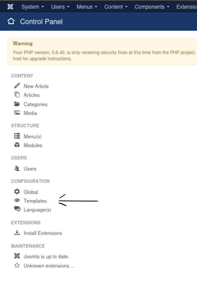 Joomla admin dashboard with Templates circled in the left panel